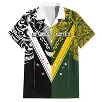 Aotearoa Australia Rugby Custom Family Matching Off The Shoulder Long Sleeve Dress and Hawaiian Shirt Maori and Aboriginal Art Sporty Style LT03 Dad's Shirt - Short Sleeve Green - Polynesian Pride