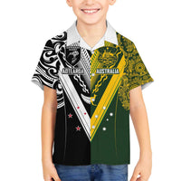 Aotearoa Australia Rugby Custom Family Matching Off The Shoulder Long Sleeve Dress and Hawaiian Shirt Maori and Aboriginal Art Sporty Style LT03 Son's Shirt Green - Polynesian Pride