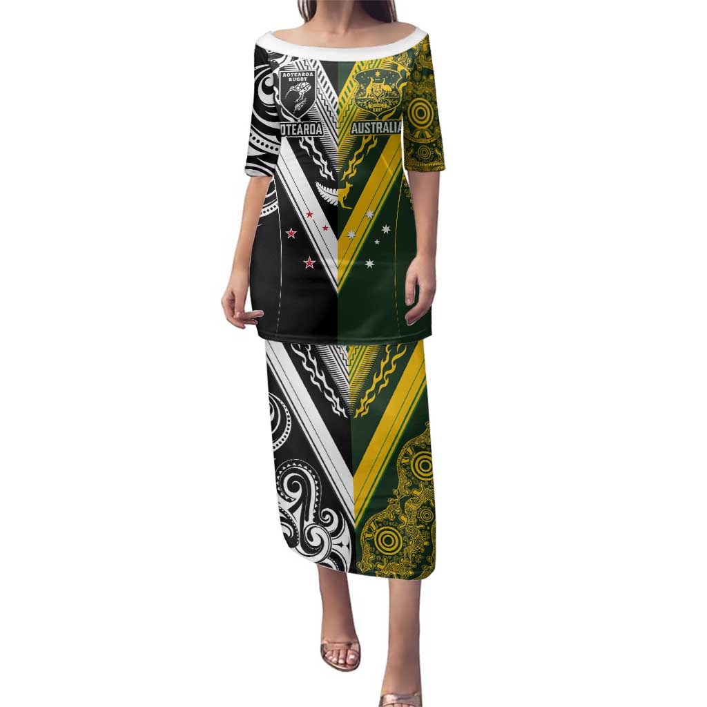 Aotearoa Australia Rugby Custom Family Matching Puletasi and Hawaiian Shirt Maori and Aboriginal Art Sporty Style - Polynesian Pride