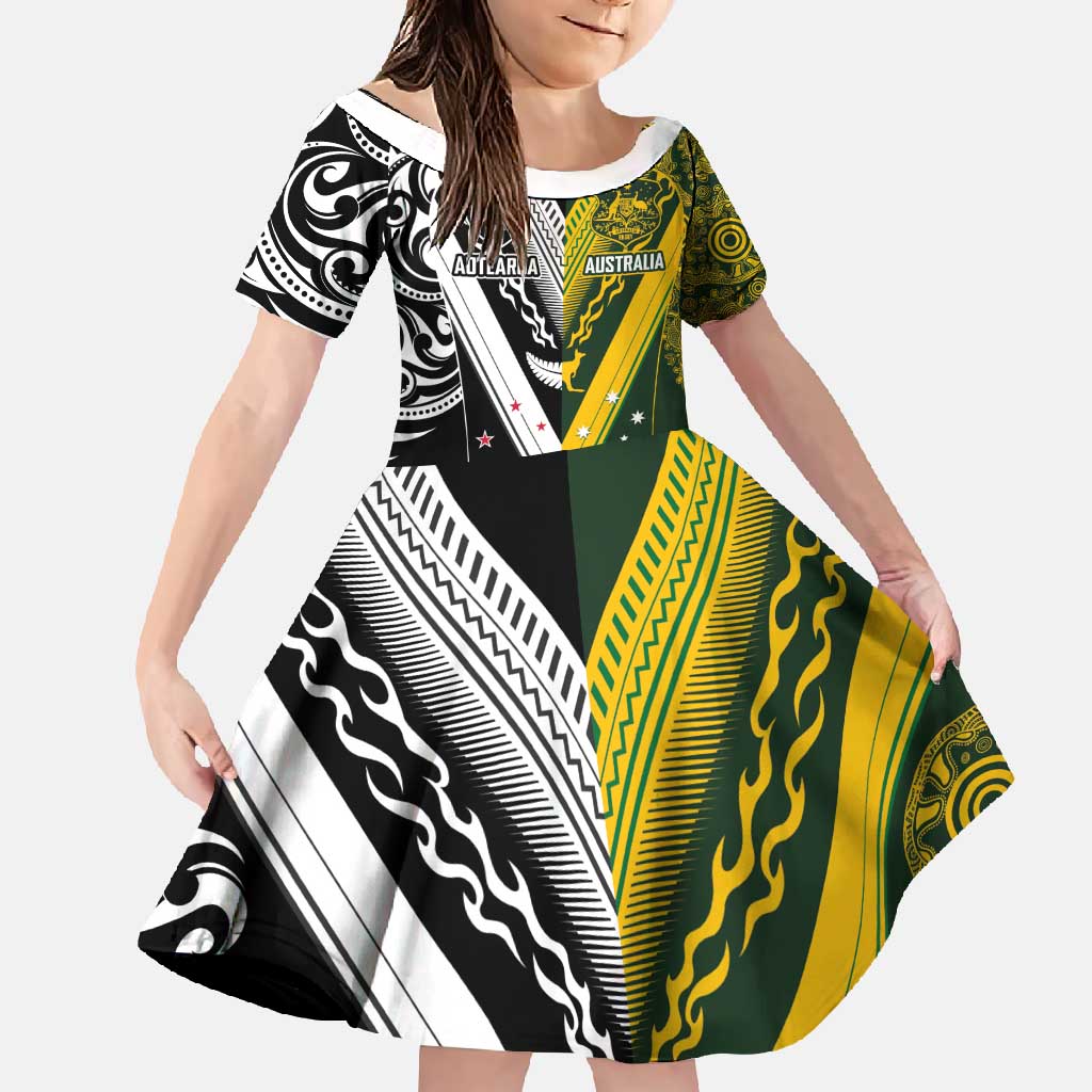 Aotearoa Australia Rugby Custom Family Matching Short Sleeve Bodycon Dress and Hawaiian Shirt Maori and Aboriginal Art Sporty Style LT03 Daughter's Dress Green - Polynesian Pride
