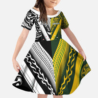 Aotearoa Australia Rugby Custom Family Matching Short Sleeve Bodycon Dress and Hawaiian Shirt Maori and Aboriginal Art Sporty Style LT03 Daughter's Dress Green - Polynesian Pride