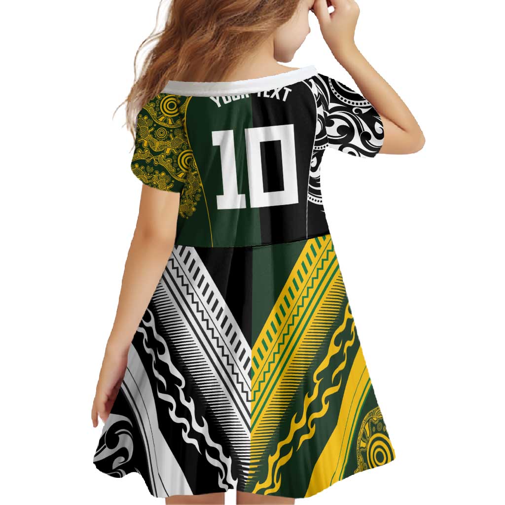 Aotearoa Australia Rugby Custom Family Matching Short Sleeve Bodycon Dress and Hawaiian Shirt Maori and Aboriginal Art Sporty Style LT03 - Polynesian Pride