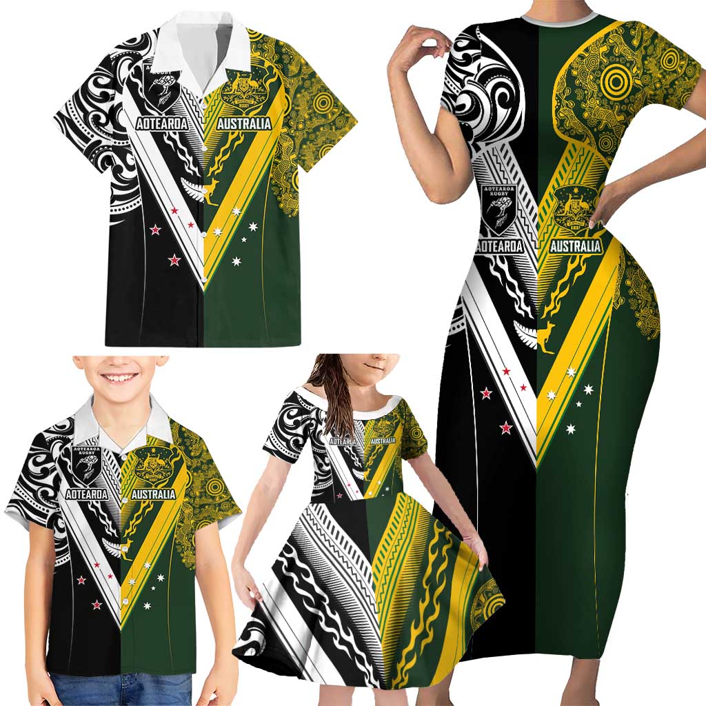Aotearoa Australia Rugby Custom Family Matching Short Sleeve Bodycon Dress and Hawaiian Shirt Maori and Aboriginal Art Sporty Style LT03 - Polynesian Pride