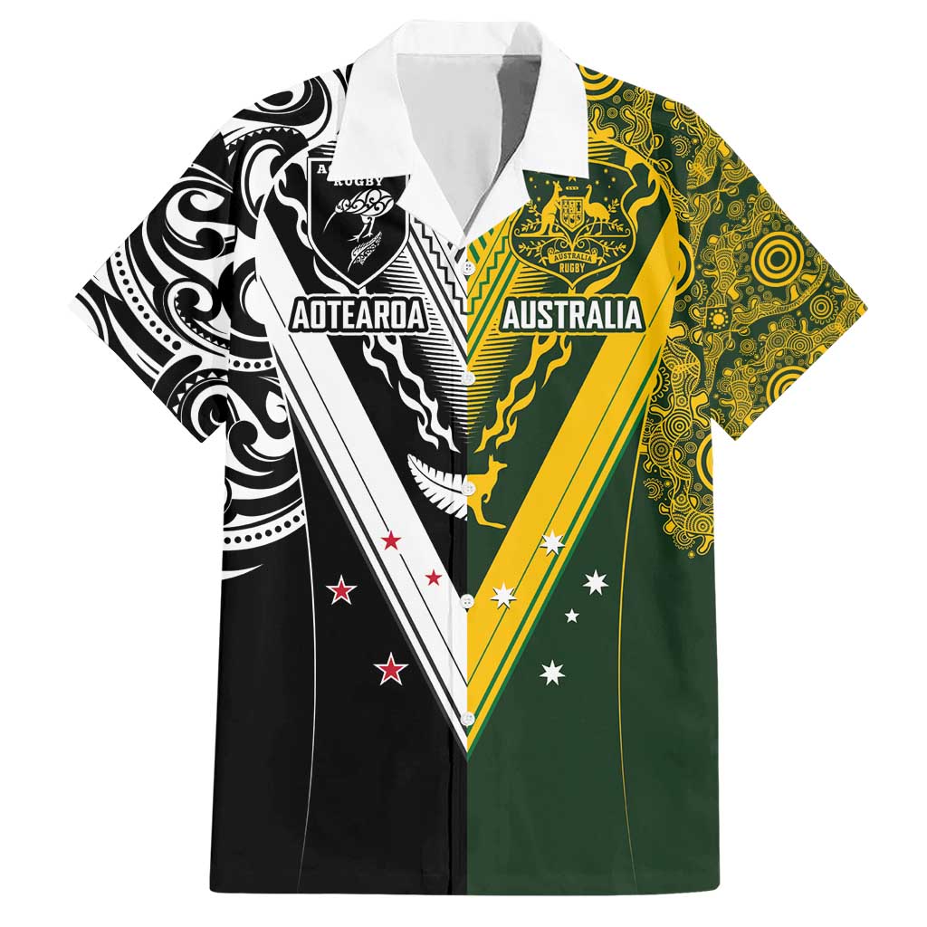 Aotearoa Australia Rugby Custom Family Matching Short Sleeve Bodycon Dress and Hawaiian Shirt Maori and Aboriginal Art Sporty Style LT03 Dad's Shirt - Short Sleeve Green - Polynesian Pride