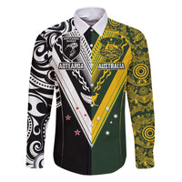 Aotearoa Australia Rugby Custom Family Matching Short Sleeve Bodycon Dress and Hawaiian Shirt Maori and Aboriginal Art Sporty Style LT03 Dad's Shirt - Long Sleeve Green - Polynesian Pride