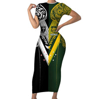 Aotearoa Australia Rugby Custom Family Matching Short Sleeve Bodycon Dress and Hawaiian Shirt Maori and Aboriginal Art Sporty Style LT03 Mom's Dress Green - Polynesian Pride
