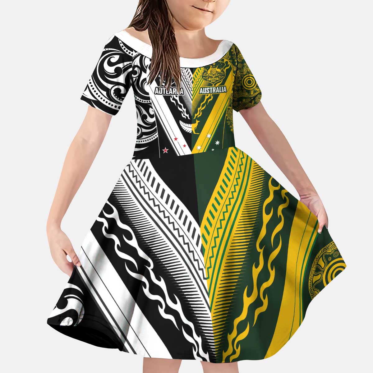 Aotearoa Australia Rugby Custom Kid Short Sleeve Dress Maori and Aboriginal Art Sporty Style - Polynesian Pride