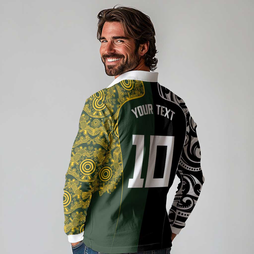 Aotearoa Australia Rugby Custom Long Sleeve Polo Shirt Maori and Aboriginal Art Sporty Style - Polynesian Pride