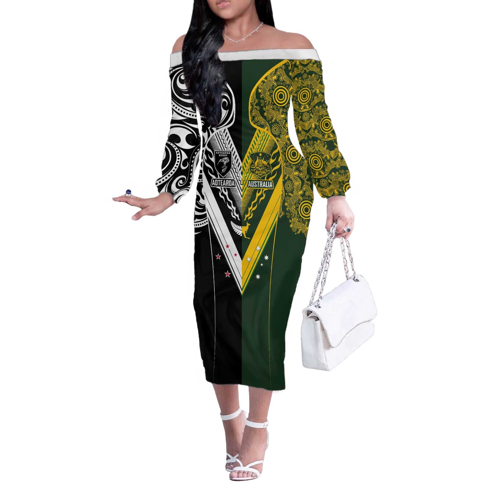Aotearoa Australia Rugby Custom Off The Shoulder Long Sleeve Dress Maori and Aboriginal Art Sporty Style - Polynesian Pride