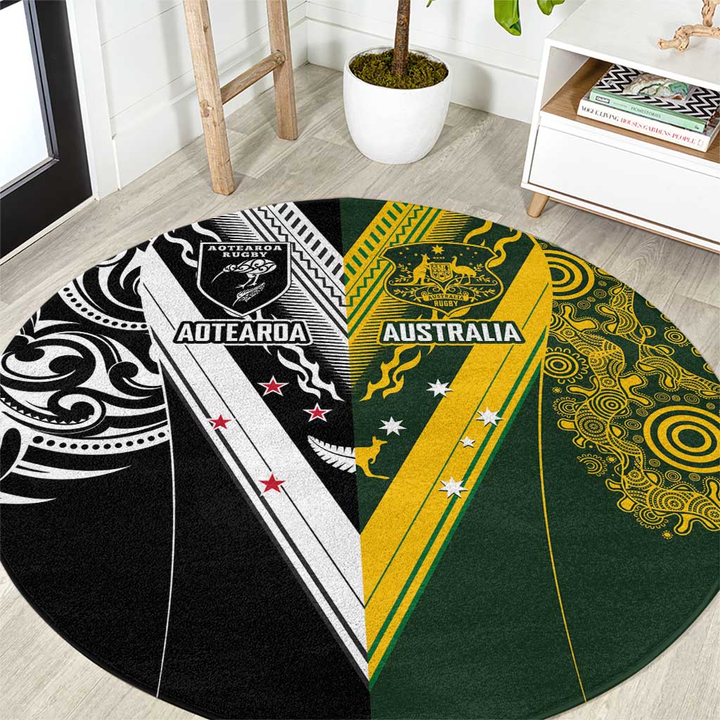 Aotearoa Australia Rugby Round Carpet Maori and Aboriginal Art Sporty Style LT03 Green - Polynesian Pride