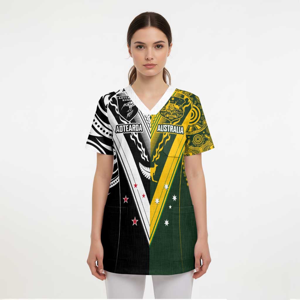 Aotearoa Australia Rugby Custom Scrub Top Maori and Aboriginal Art Sporty Style - Polynesian Pride