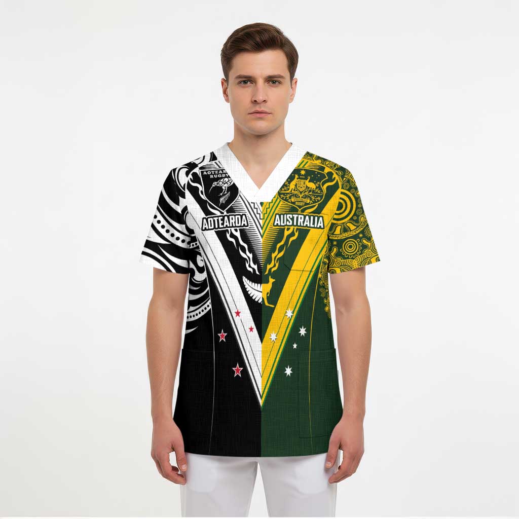Aotearoa Australia Rugby Custom Scrub Top Maori and Aboriginal Art Sporty Style - Polynesian Pride