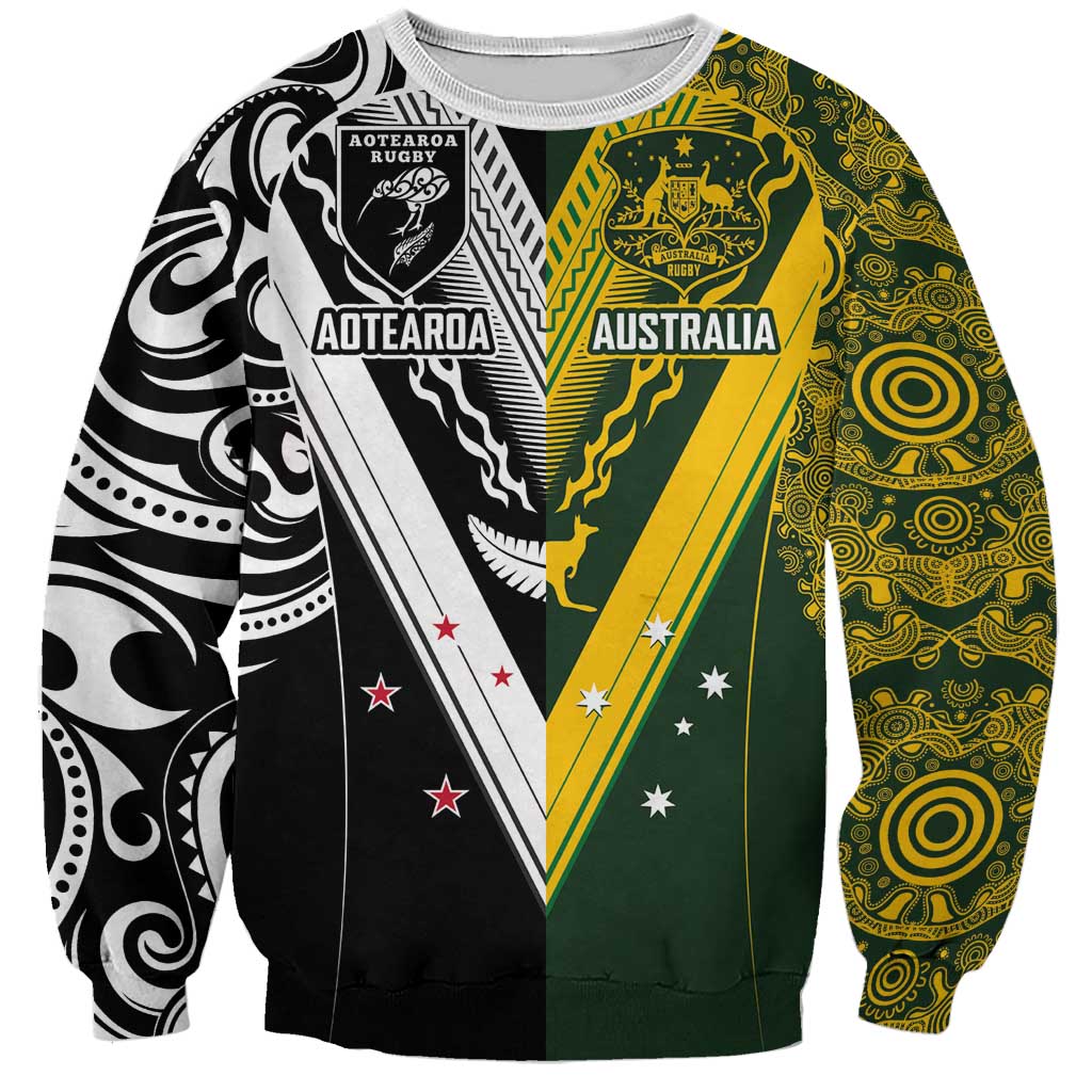 Aotearoa Australia Rugby Custom Sweatshirt Maori and Aboriginal Art Sporty Style - Polynesian Pride