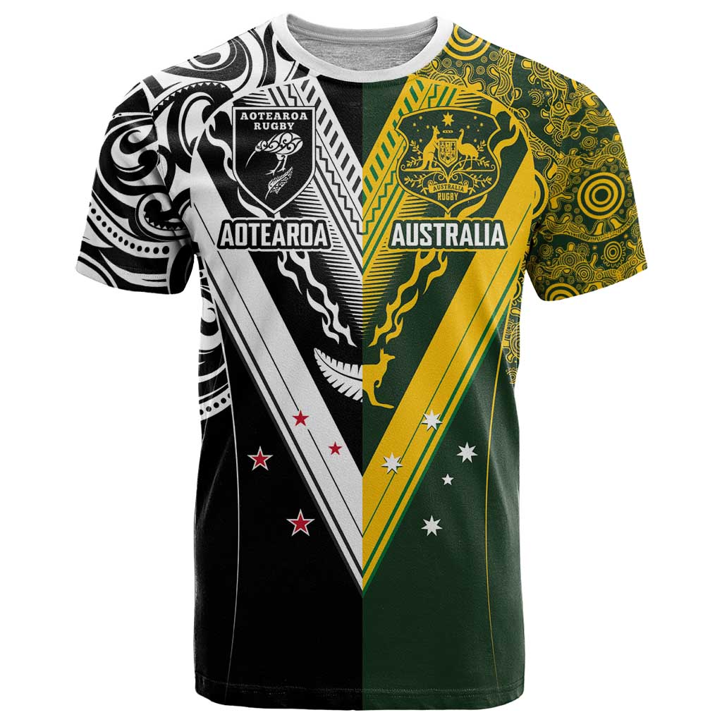 Aotearoa Australia Rugby Custom T Shirt Maori and Aboriginal Art Sporty Style - Polynesian Pride