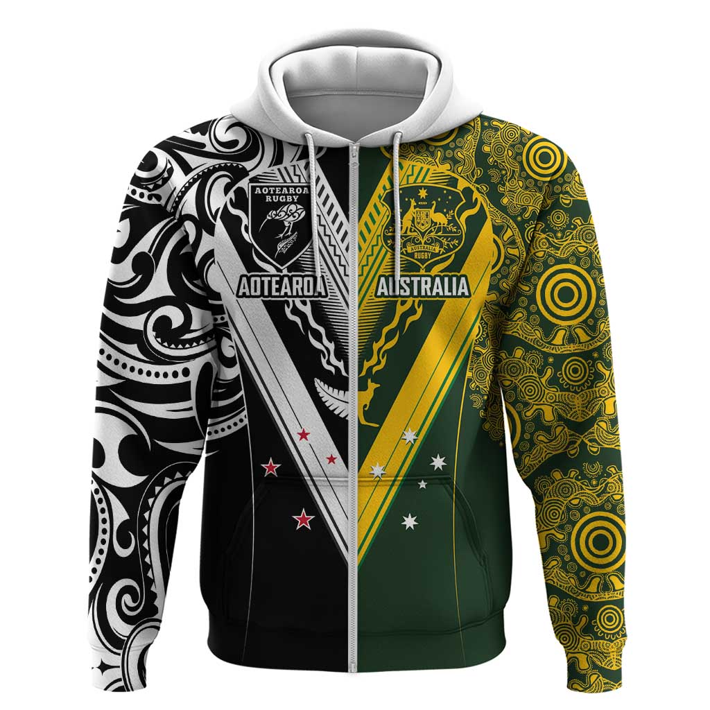 Aotearoa Australia Rugby Custom Zip Hoodie Maori and Aboriginal Art Sporty Style - Polynesian Pride