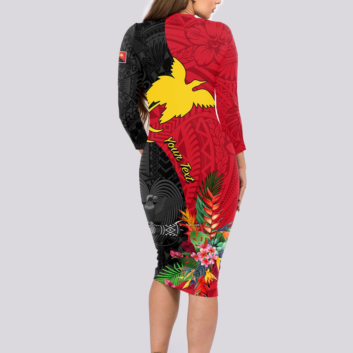 Custom Papua New Guinea Long Sleeve Bodycon Dress Birds Of Paradise Mix Tropical Flower Polynesian Pattern LT03 - Polynesian Pride
