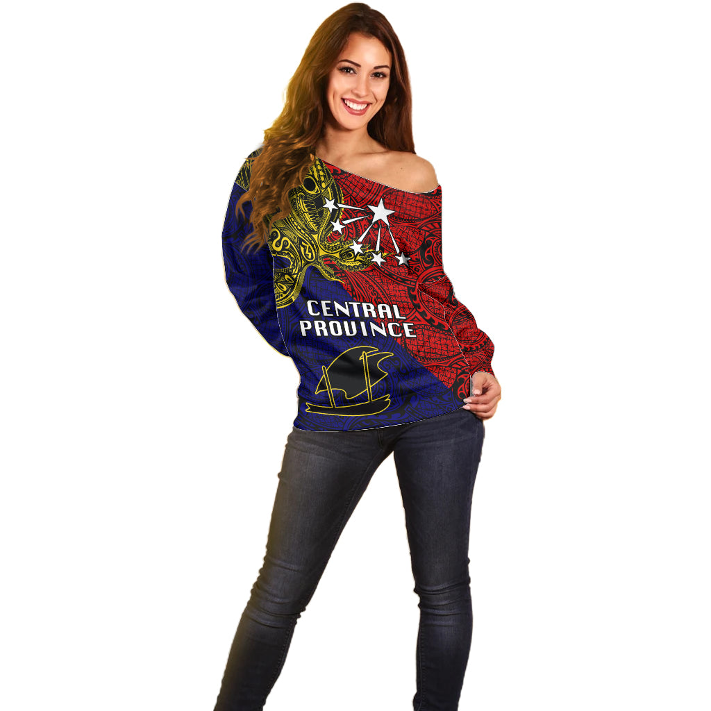 Custom Papua New Guinea Central Province Off Shoulder Sweater PNG Birds Of Paradise Polynesian Arty Style LT03 - Polynesian Pride