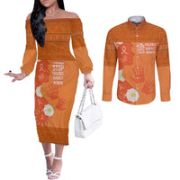 International Day for the Elimination of Violence Against Women Couples Matching Off The Shoulder Long Sleeve Dress and Long Sleeve Button Shirt Polynesian Pattern LT03 Orange - Polynesian Pride