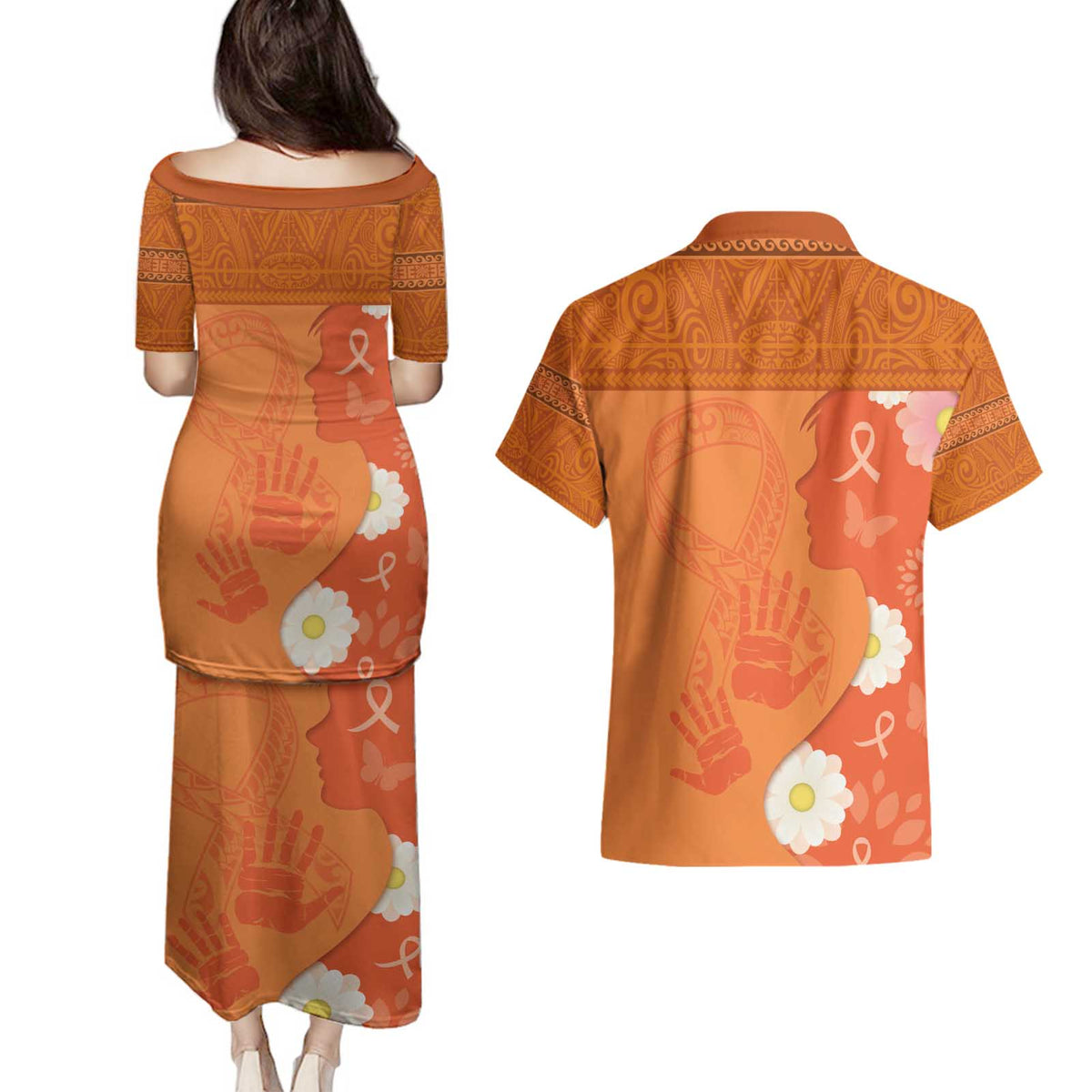 International Day for the Elimination of Violence Against Women Couples Matching Puletasi and Hawaiian Shirt Polynesian Pattern
