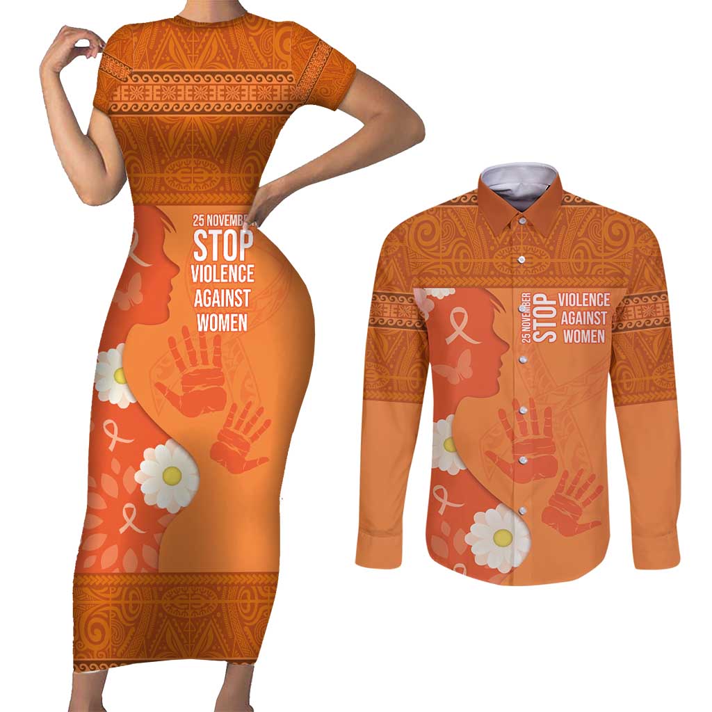 International Day for the Elimination of Violence Against Women Couples Matching Short Sleeve Bodycon Dress and Long Sleeve Button Shirt Polynesian Pattern LT03 Orange - Polynesian Pride