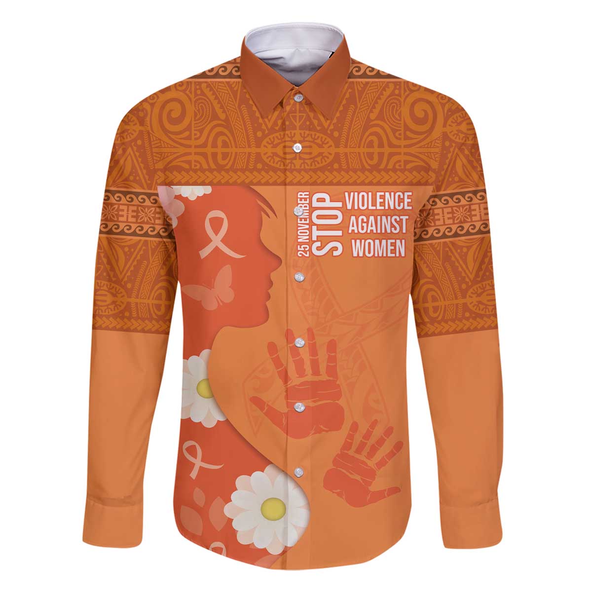 International Day for the Elimination of Violence Against Women Family Matching Off The Shoulder Long Sleeve Dress and Hawaiian Shirt Polynesian Pattern LT03 Dad's Shirt - Long Sleeve Orange - Polynesian Pride