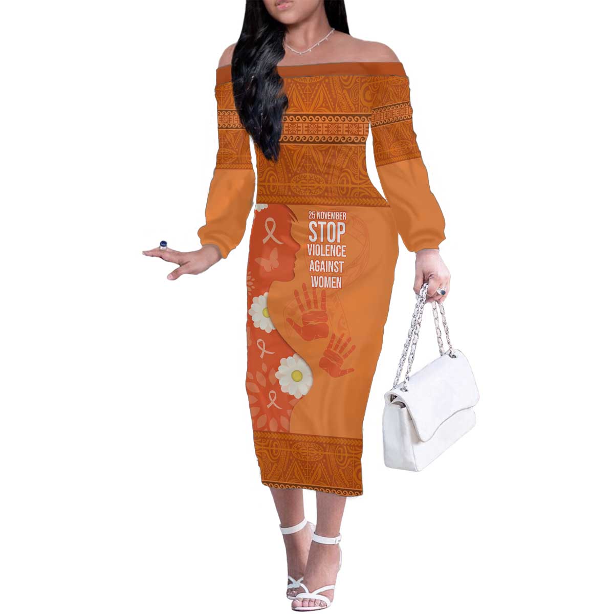 International Day for the Elimination of Violence Against Women Family Matching Off The Shoulder Long Sleeve Dress and Hawaiian Shirt Polynesian Pattern LT03 Mom's Dress Orange - Polynesian Pride