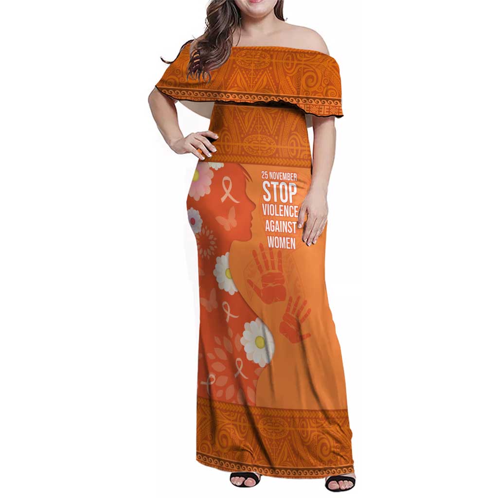 International Day for the Elimination of Violence Against Women Family Matching Off Shoulder Maxi Dress and Hawaiian Shirt Polynesian Pattern LT03 Mom's Dress Orange - Polynesian Pride
