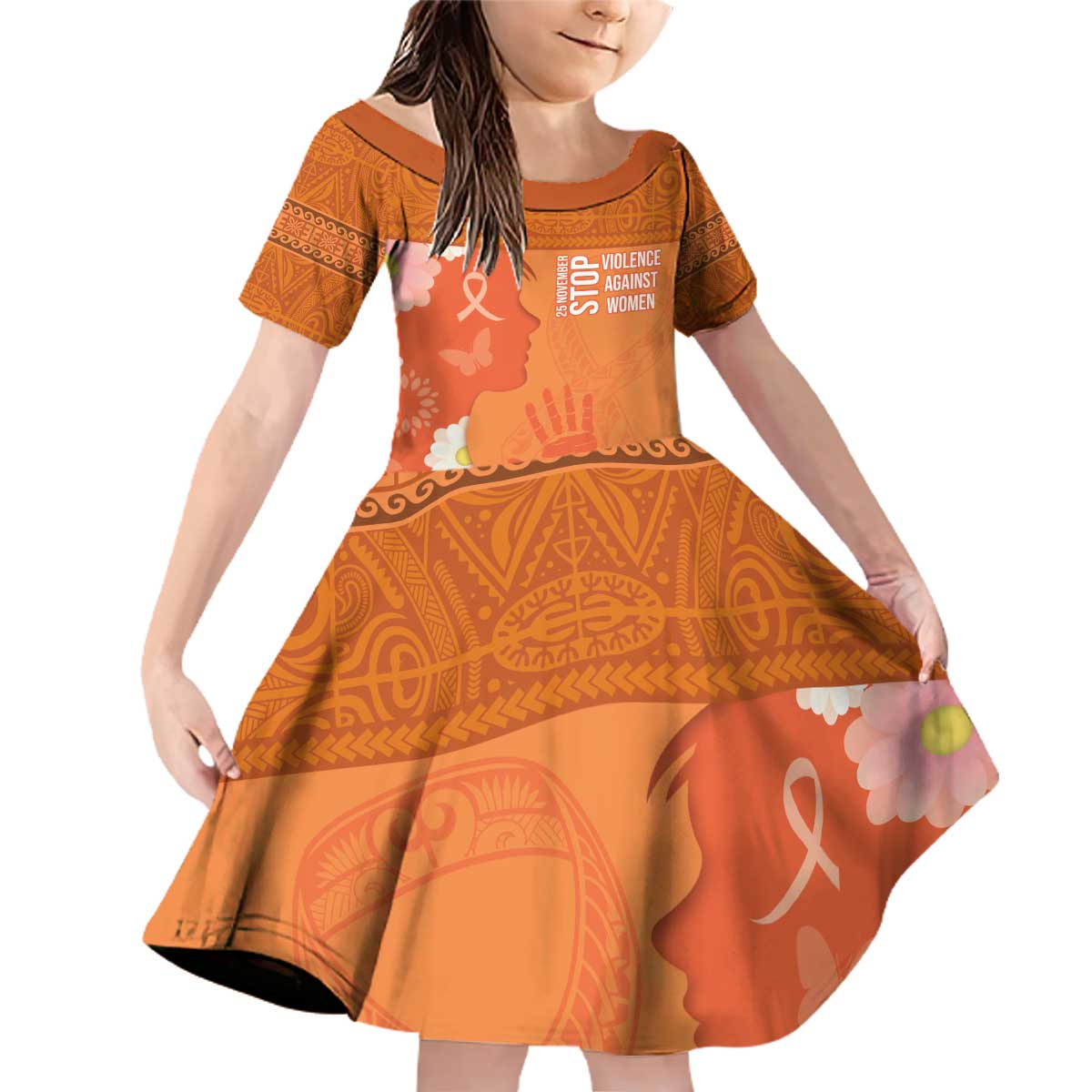 International Day for the Elimination of Violence Against Women Family Matching Off Shoulder Short Dress and Hawaiian Shirt Polynesian Pattern LT03 Daughter's Dress Orange - Polynesian Pride