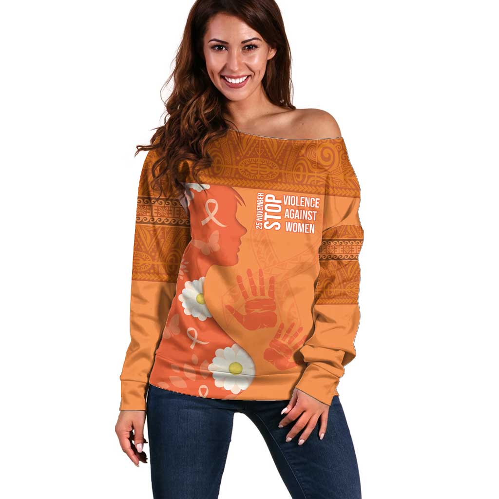 International Day for the Elimination of Violence Against Women Off Shoulder Sweater Polynesian Pattern LT03 Women Orange - Polynesian Pride