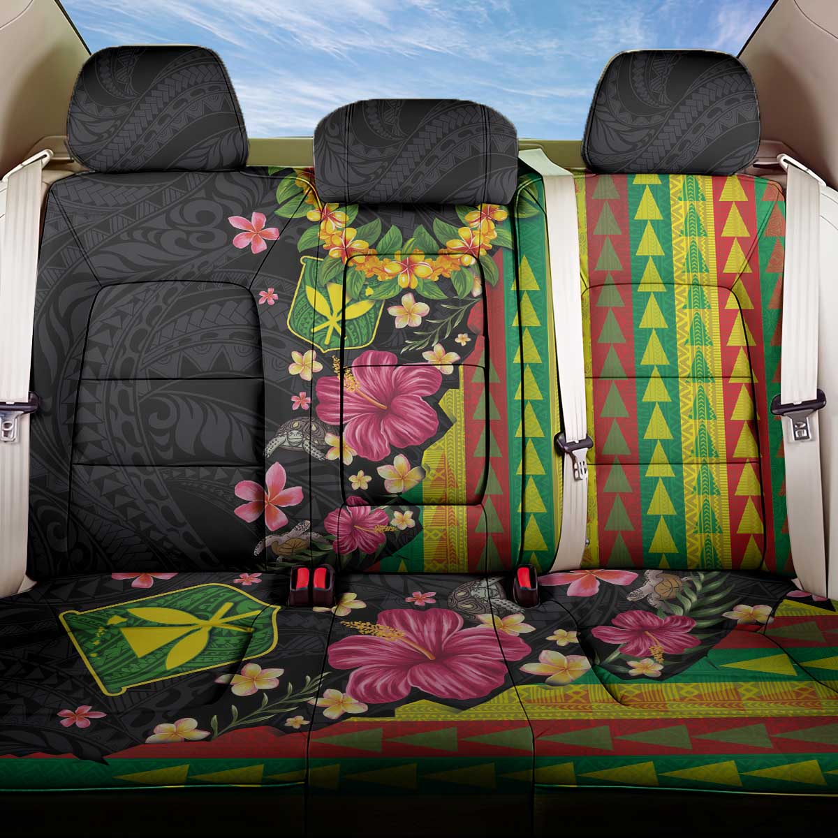 Hawaiian Independence Day Back Car Seat Cover Kanaka Maoli Symbols With Tapa Motifs and Tropical Plants LT03 One Size Black - Polynesian Pride