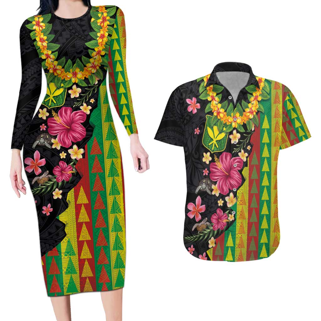 Hawaiian Independence Day Couples Matching Long Sleeve Bodycon Dress and Hawaiian Shirt Kanaka Maoli Symbols With Tapa Motifs and Tropical Plants LT03 Black - Polynesian Pride