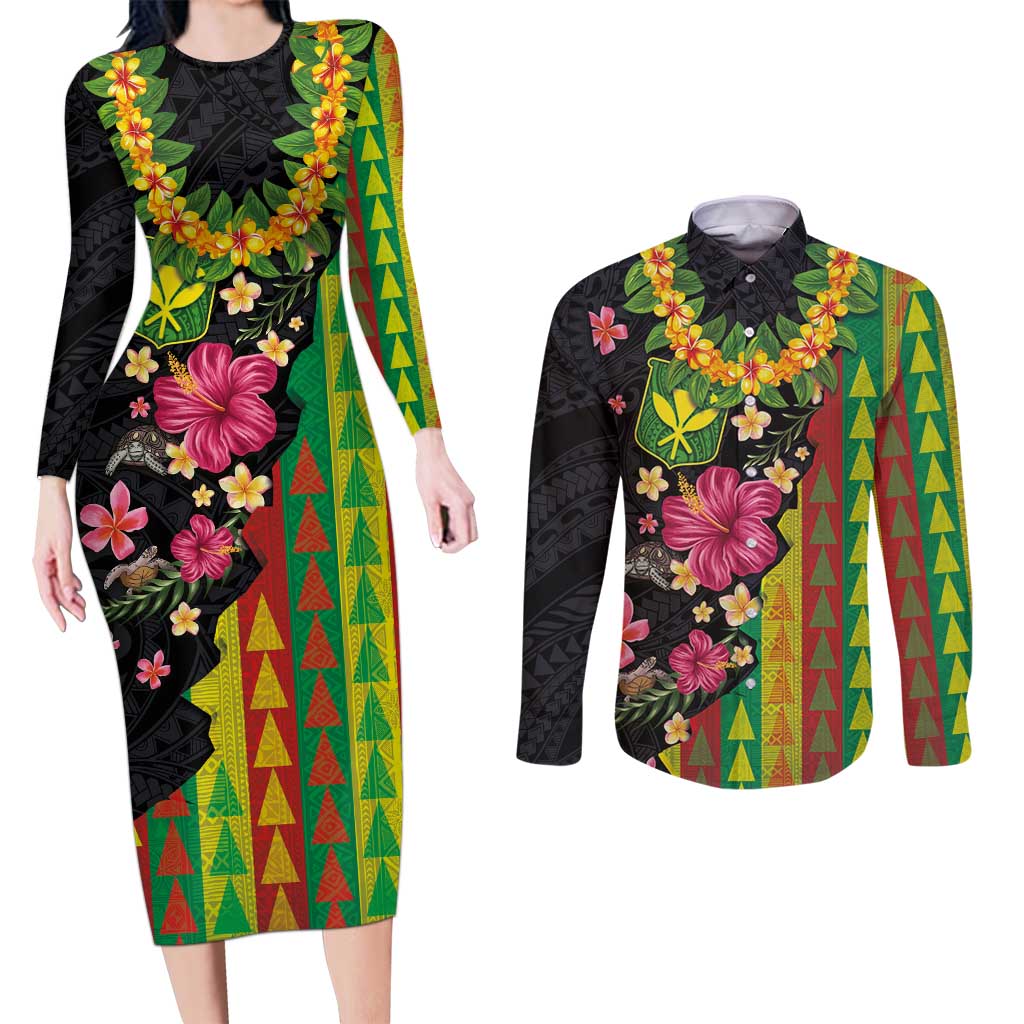 Hawaiian Independence Day Couples Matching Long Sleeve Bodycon Dress and Long Sleeve Button Shirt Kanaka Maoli Symbols With Tapa Motifs and Tropical Plants LT03 Black - Polynesian Pride