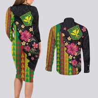 Hawaiian Independence Day Couples Matching Long Sleeve Bodycon Dress and Long Sleeve Button Shirt Kanaka Maoli Symbols With Tapa Motifs and Tropical Plants LT03 - Polynesian Pride