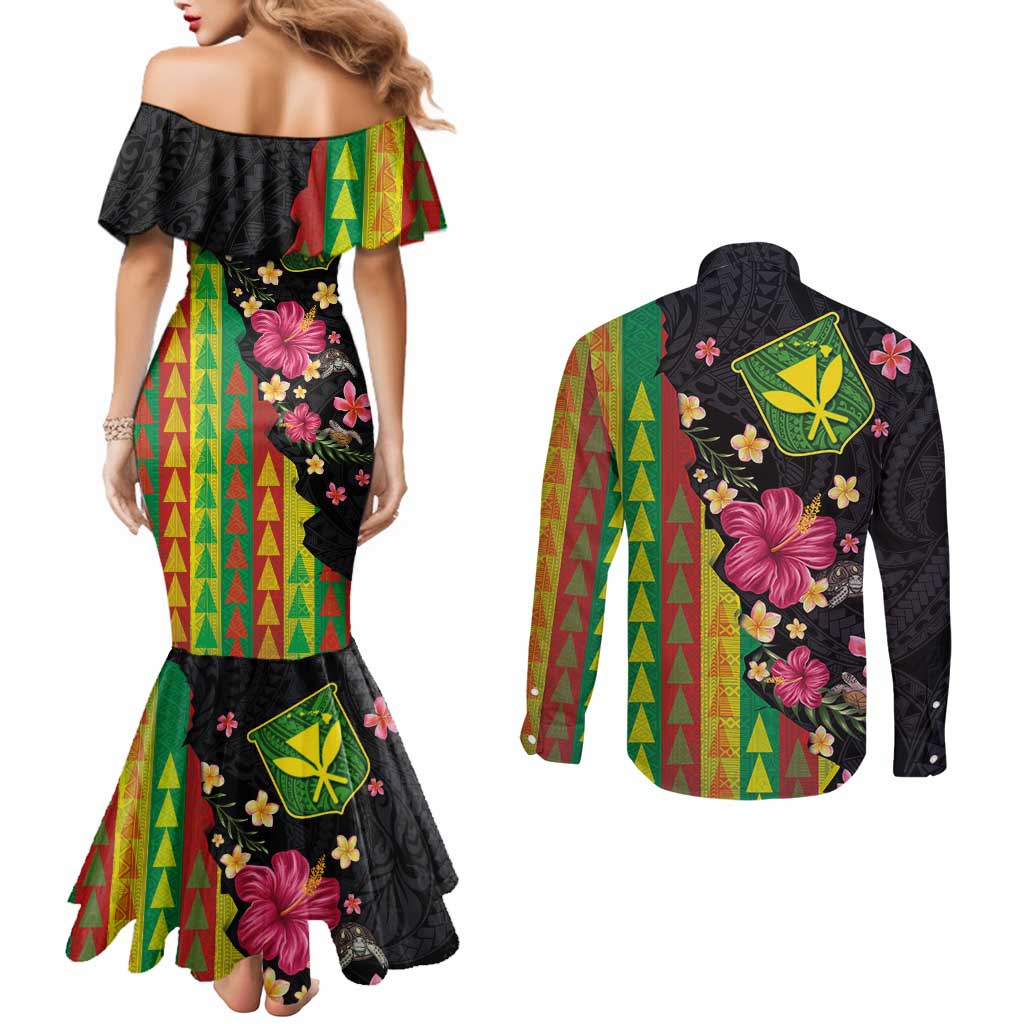 Hawaiian Independence Day Couples Matching Mermaid Dress and Long Sleeve Button Shirt Kanaka Maoli Symbols With Tapa Motifs and Tropical Plants LT03 - Polynesian Pride