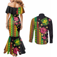 Hawaiian Independence Day Couples Matching Mermaid Dress and Long Sleeve Button Shirt Kanaka Maoli Symbols With Tapa Motifs and Tropical Plants LT03 - Polynesian Pride