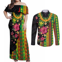 Hawaiian Independence Day Couples Matching Off Shoulder Maxi Dress and Long Sleeve Button Shirt Kanaka Maoli Symbols With Tapa Motifs and Tropical Plants LT03 Black - Polynesian Pride