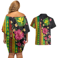 Hawaiian Independence Day Couples Matching Off Shoulder Short Dress and Hawaiian Shirt Kanaka Maoli Symbols With Tapa Motifs and Tropical Plants LT03 - Polynesian Pride