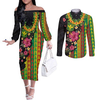 Hawaiian Independence Day Couples Matching Off The Shoulder Long Sleeve Dress and Long Sleeve Button Shirt Kanaka Maoli Symbols With Tapa Motifs and Tropical Plants LT03 Black - Polynesian Pride