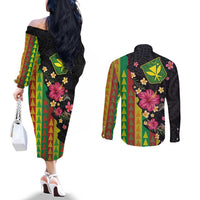 Hawaiian Independence Day Couples Matching Off The Shoulder Long Sleeve Dress and Long Sleeve Button Shirt Kanaka Maoli Symbols With Tapa Motifs and Tropical Plants LT03 - Polynesian Pride