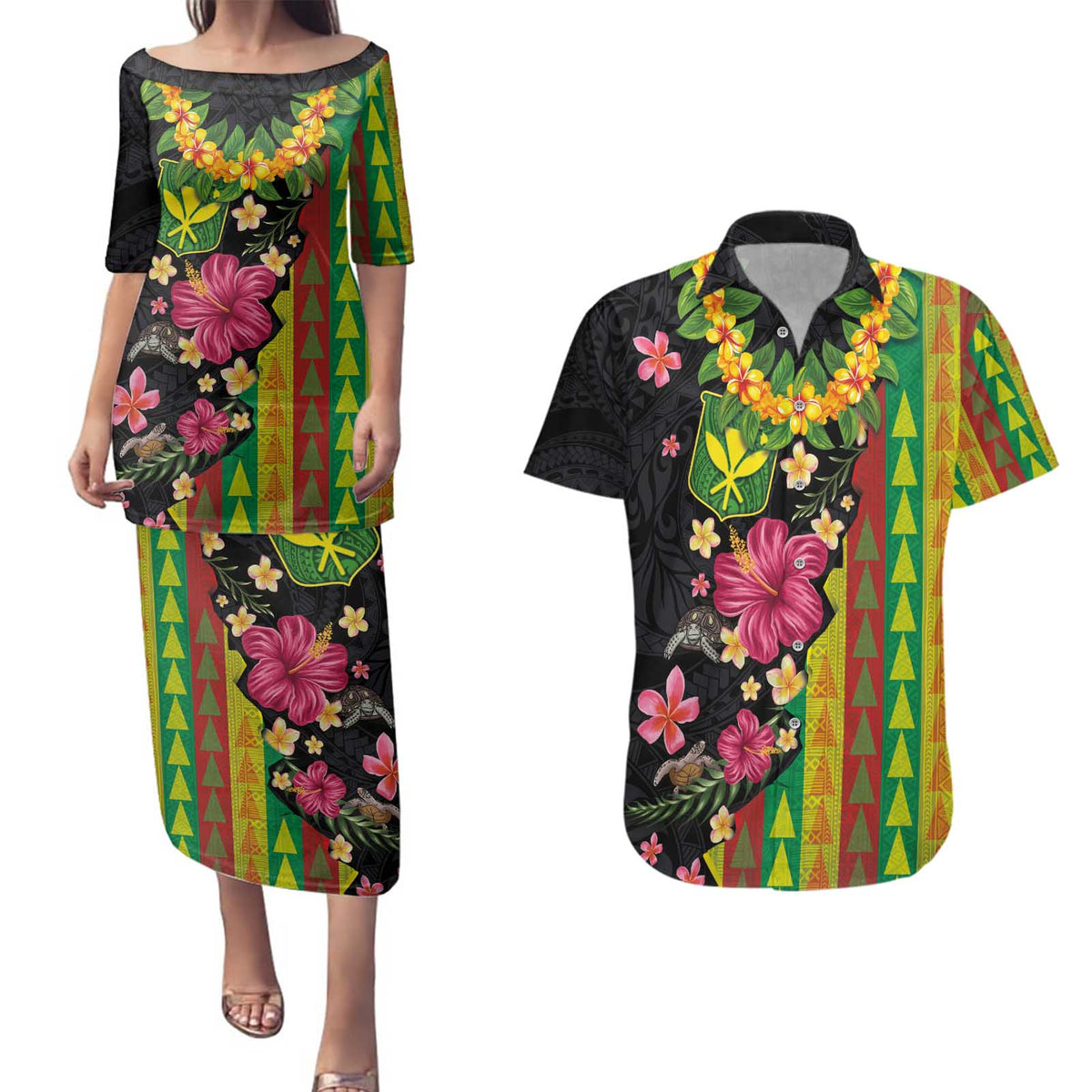 Hawaiian Independence Day Couples Matching Puletasi and Hawaiian Shirt Kanaka Maoli Symbols With Tapa Motifs and Tropical Plants LT03 Black - Polynesian Pride