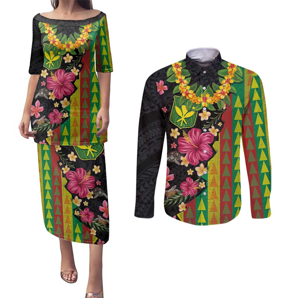 Hawaiian Independence Day Couples Matching Puletasi and Long Sleeve Button Shirt Kanaka Maoli Symbols With Tapa Motifs and Tropical Plants LT03 Black - Polynesian Pride