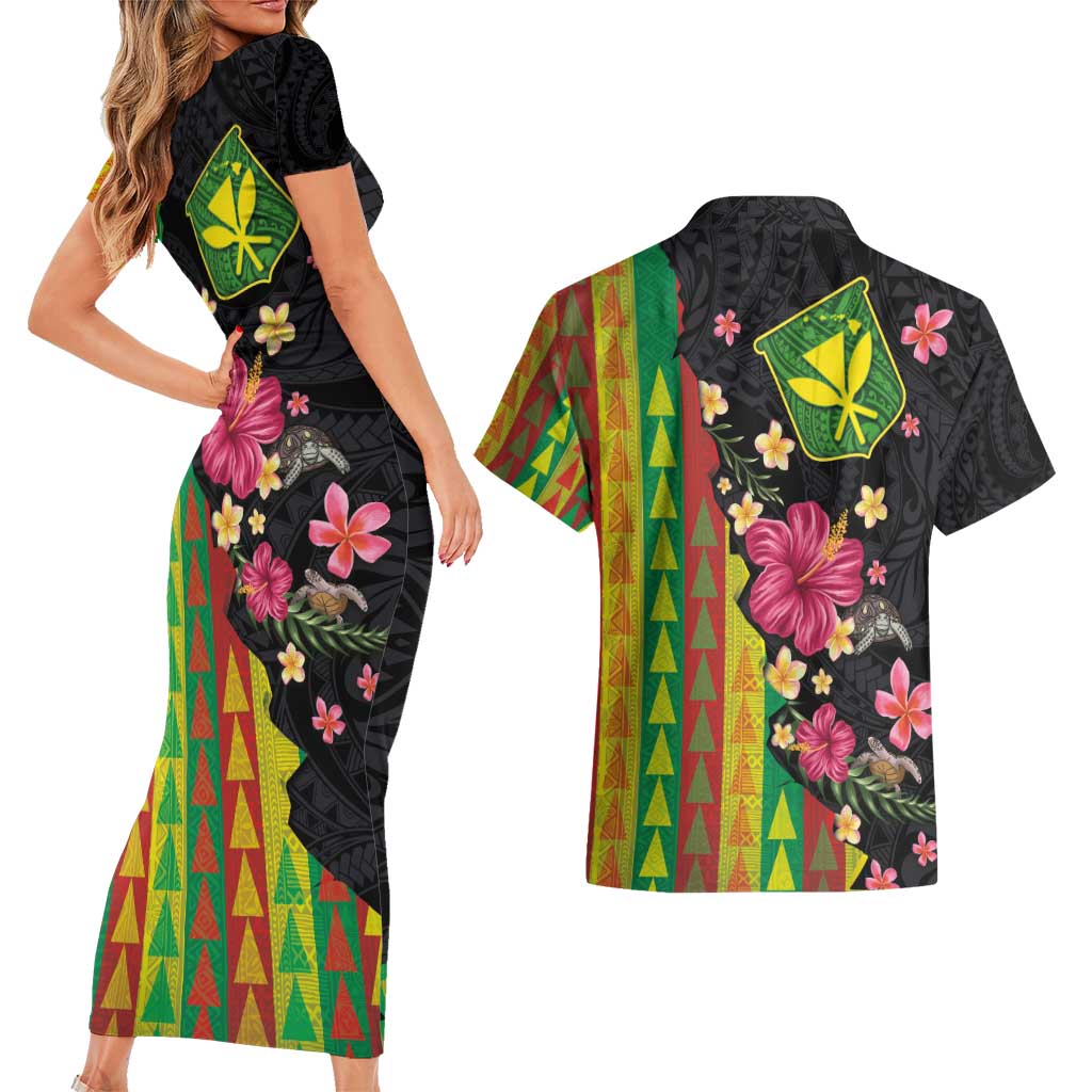 Hawaiian Independence Day Couples Matching Short Sleeve Bodycon Dress and Hawaiian Shirt Kanaka Maoli Symbols With Tapa Motifs and Tropical Plants LT03 - Polynesian Pride