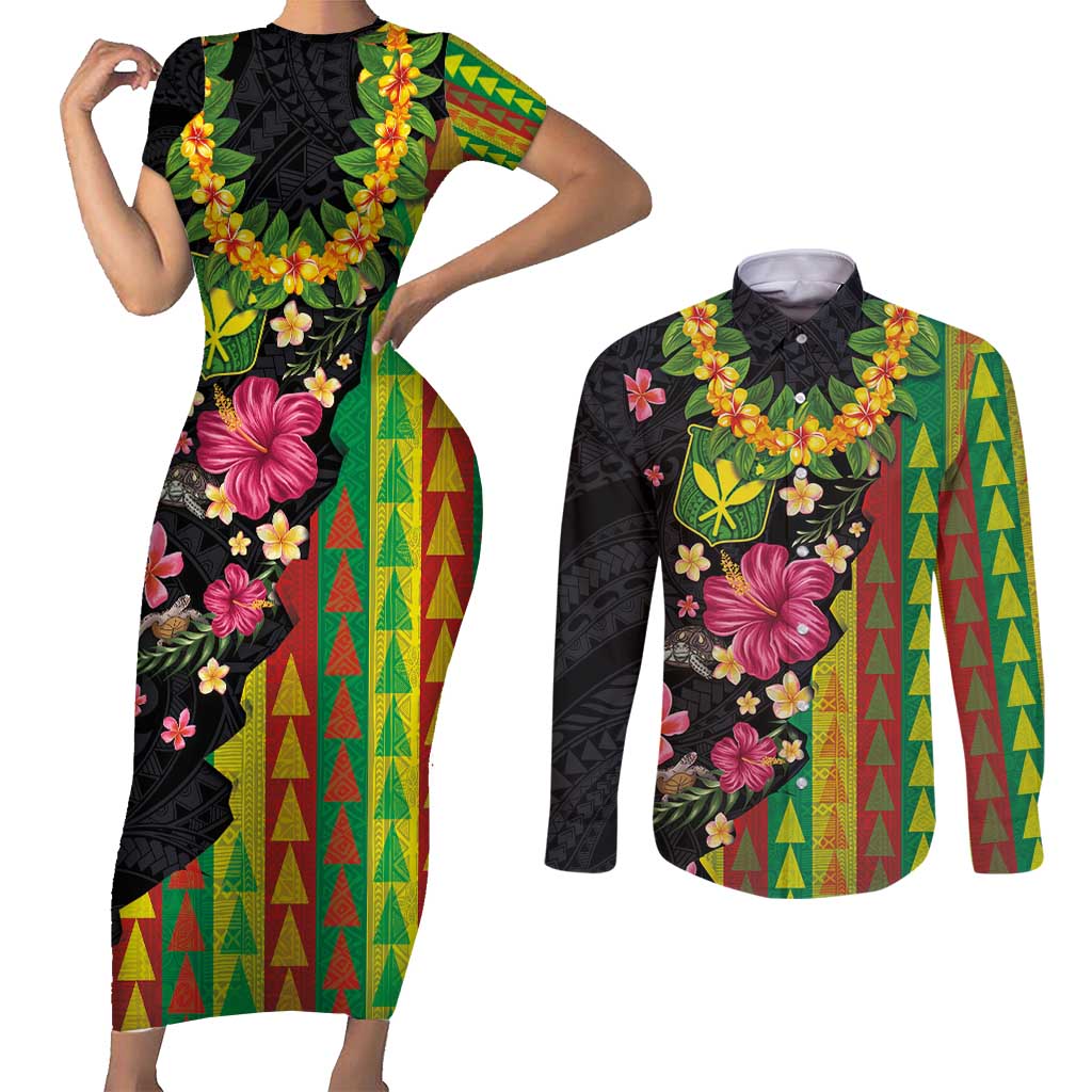 Hawaiian Independence Day Couples Matching Short Sleeve Bodycon Dress and Long Sleeve Button Shirt Kanaka Maoli Symbols With Tapa Motifs and Tropical Plants LT03 Black - Polynesian Pride