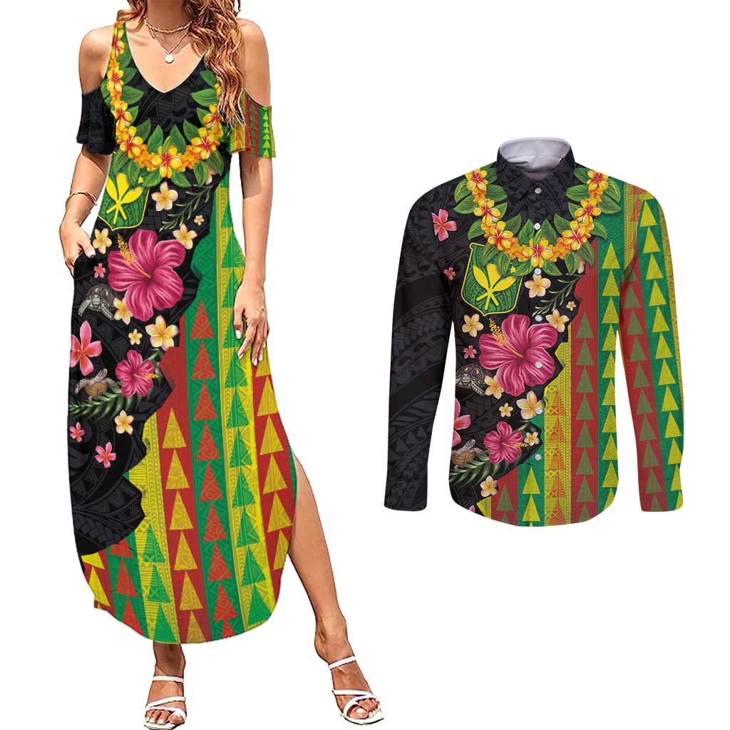 Hawaiian Independence Day Couples Matching Summer Maxi Dress and Long Sleeve Button Shirt Kanaka Maoli Symbols With Tapa Motifs and Tropical Plants LT03 Black - Polynesian Pride