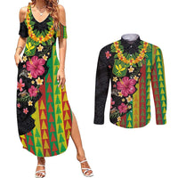 Hawaiian Independence Day Couples Matching Summer Maxi Dress and Long Sleeve Button Shirt Kanaka Maoli Symbols With Tapa Motifs and Tropical Plants LT03 Black - Polynesian Pride