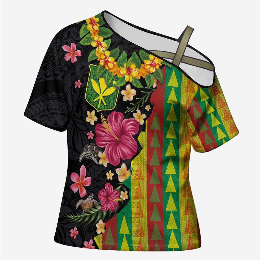 Hawaiian Independence Day Cross Shoulder Shirt Kanaka Maoli Symbols With Tapa Motifs and Tropical Plants LT03 Female Black - Polynesian Pride