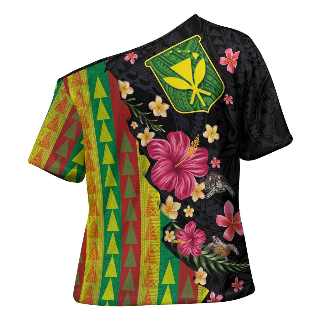 Hawaiian Independence Day Cross Shoulder Shirt Kanaka Maoli Symbols With Tapa Motifs and Tropical Plants LT03 - Polynesian Pride
