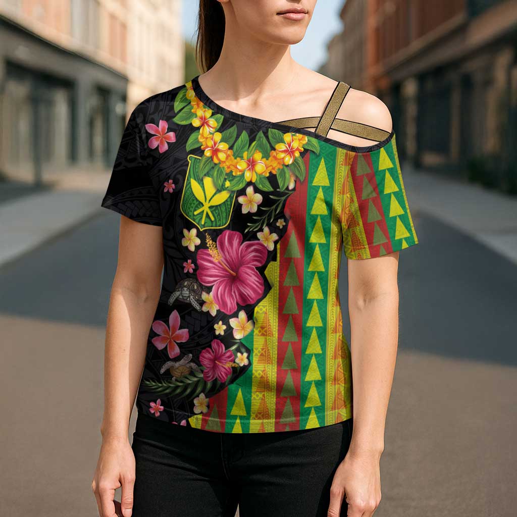 Hawaiian Independence Day Cross Shoulder Shirt Kanaka Maoli Symbols With Tapa Motifs and Tropical Plants LT03 - Polynesian Pride