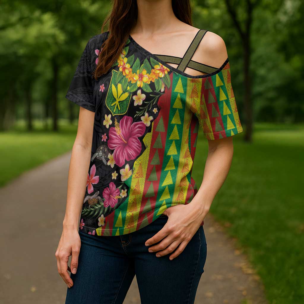 Hawaiian Independence Day Cross Shoulder Shirt Kanaka Maoli Symbols With Tapa Motifs and Tropical Plants LT03 - Polynesian Pride