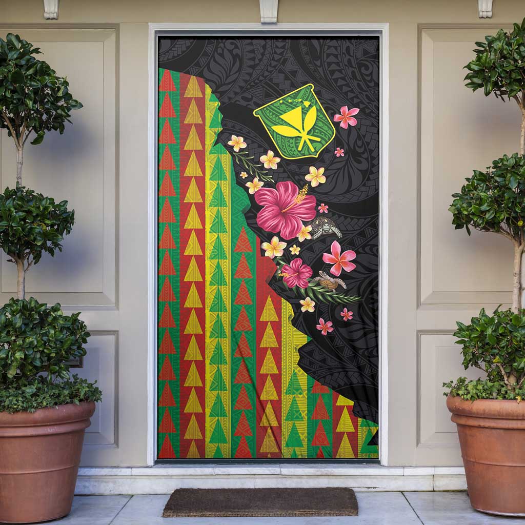 Hawaiian Independence Day Door Cover Kanaka Maoli Symbols With Tapa Motifs and Tropical Plants LT03 Black - Polynesian Pride